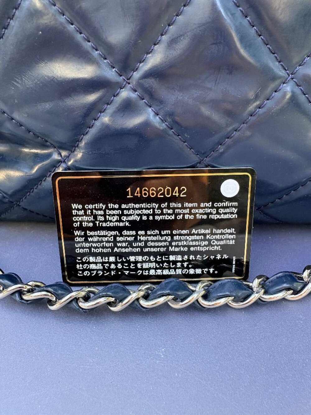 CHANEL Navy Blue Quilted Patent Leather Tote Bag Silver Chain Shoulder Bag - Picture 8 of 16